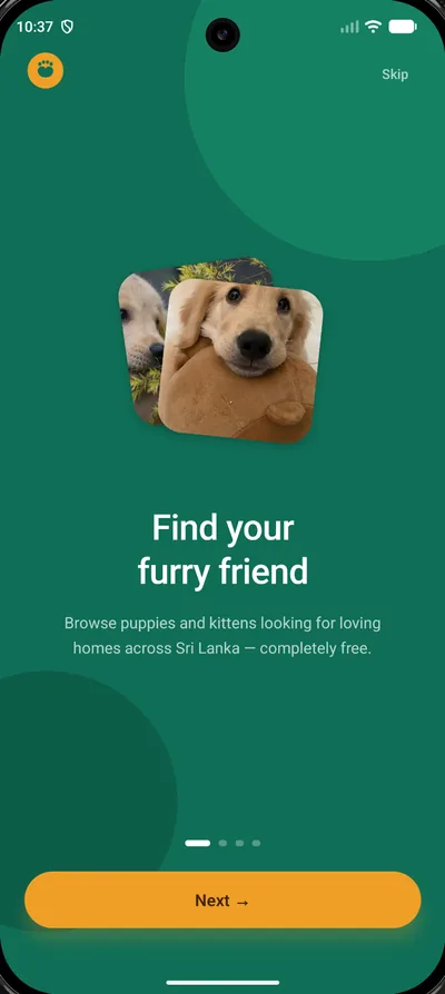 PawPals welcome screen: Find your furry friend, with photos of two golden retriever puppies