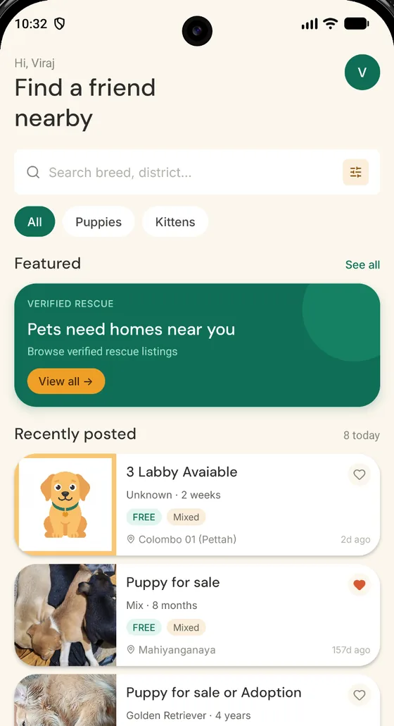 The PawPals home screen: a search bar, All, Puppies and Kittens filters, and a list of recently posted adoption listings
