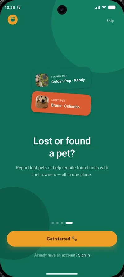 PawPals welcome screen: Lost or found a pet, with a found-pet card and a lost-pet card