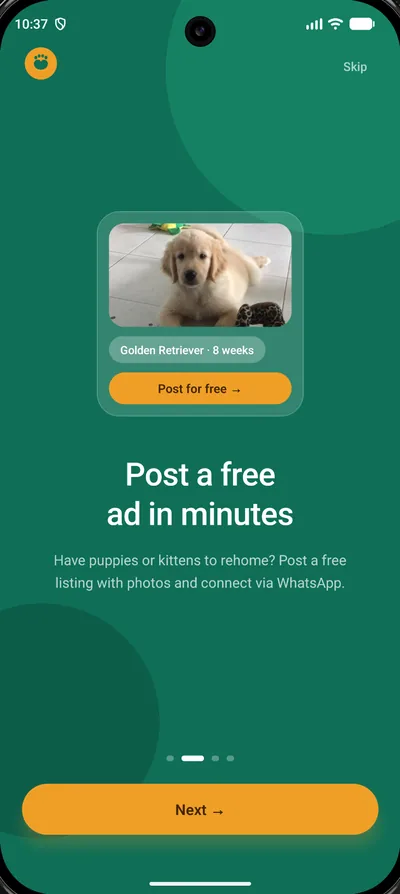 PawPals welcome screen: Post a free ad in minutes, with a golden retriever listing card and a Post for free button