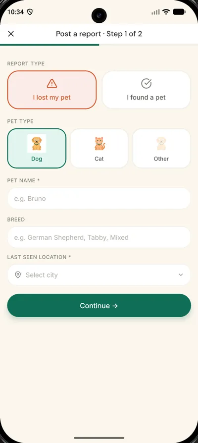 The PawPals report form, step 1 of 2: choose I lost my pet or I found a pet, then pet type, name, breed and last seen location