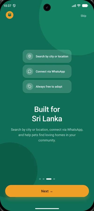 PawPals welcome screen: Built for Sri Lanka, with search by city, connect via WhatsApp and always free to adopt